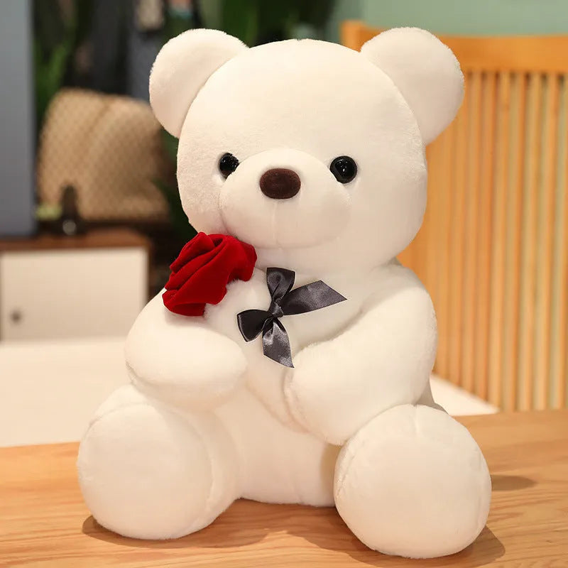 Plush teddy bear pillow in rose bear colours with cartoon design, shown in 25cm, 35cm and 45cm sizes