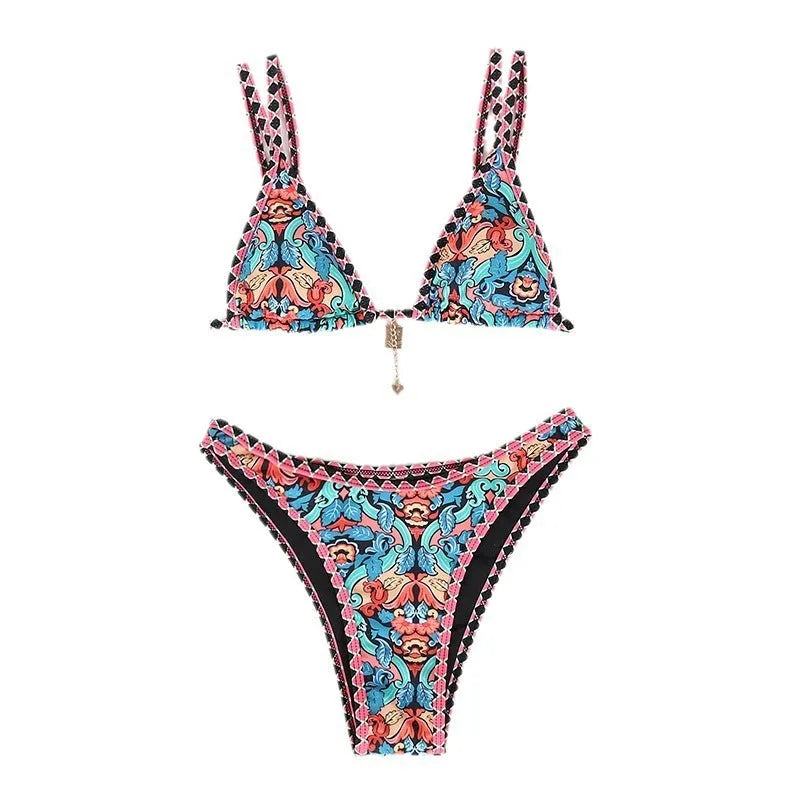 Retro printed women's bikini swimwear in bright four-colour pattern with polyester fabric