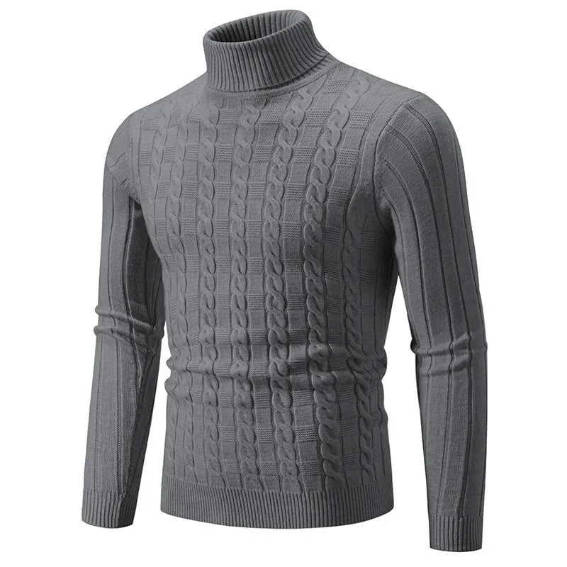 Men's slim fit chenille turtleneck pullover sweater showing twist texture design in beige colour
