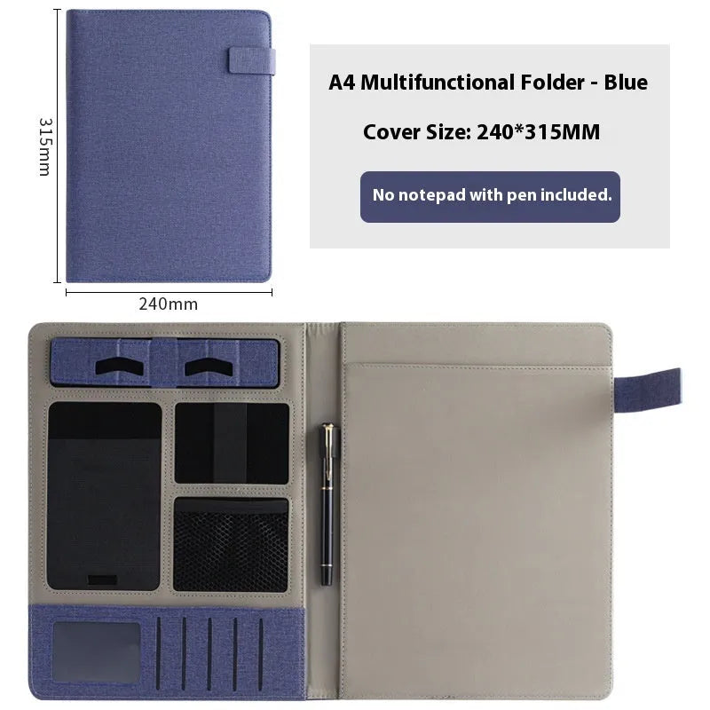 Leather A4 business folder in black with optional pen and notepad accessories
