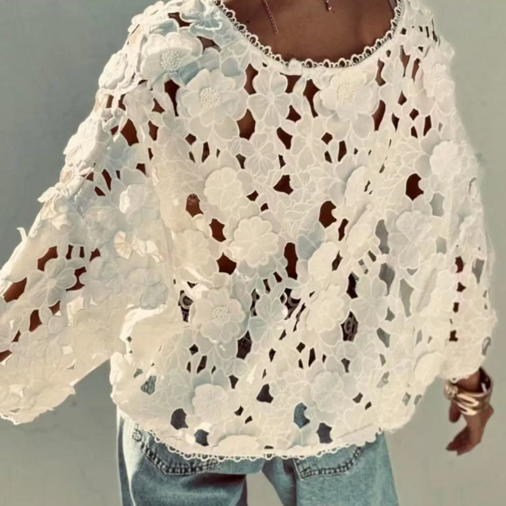 Women's loose V-neck cardigan with a large three-dimensional lace flower on hollow lace fabric.