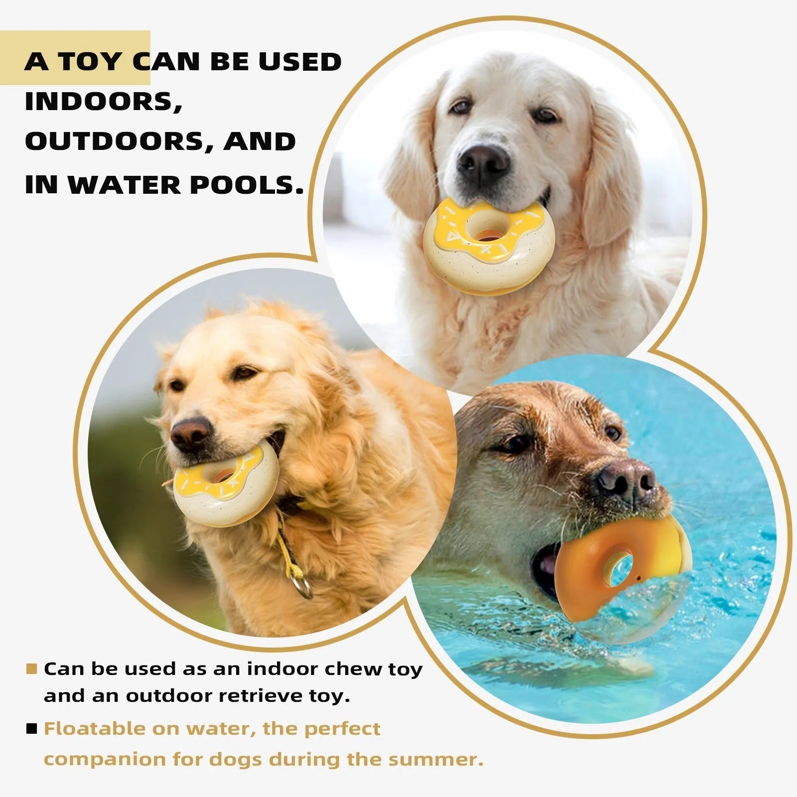 TPR donut-shaped dog chew toy in pink, chocolate brown, or yellow colours with squeaker
