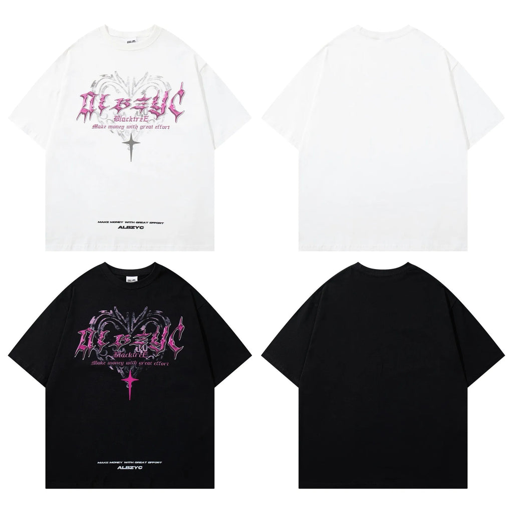 Men's black retro printed cotton t-shirt with round neck and short sleeves on hanger
