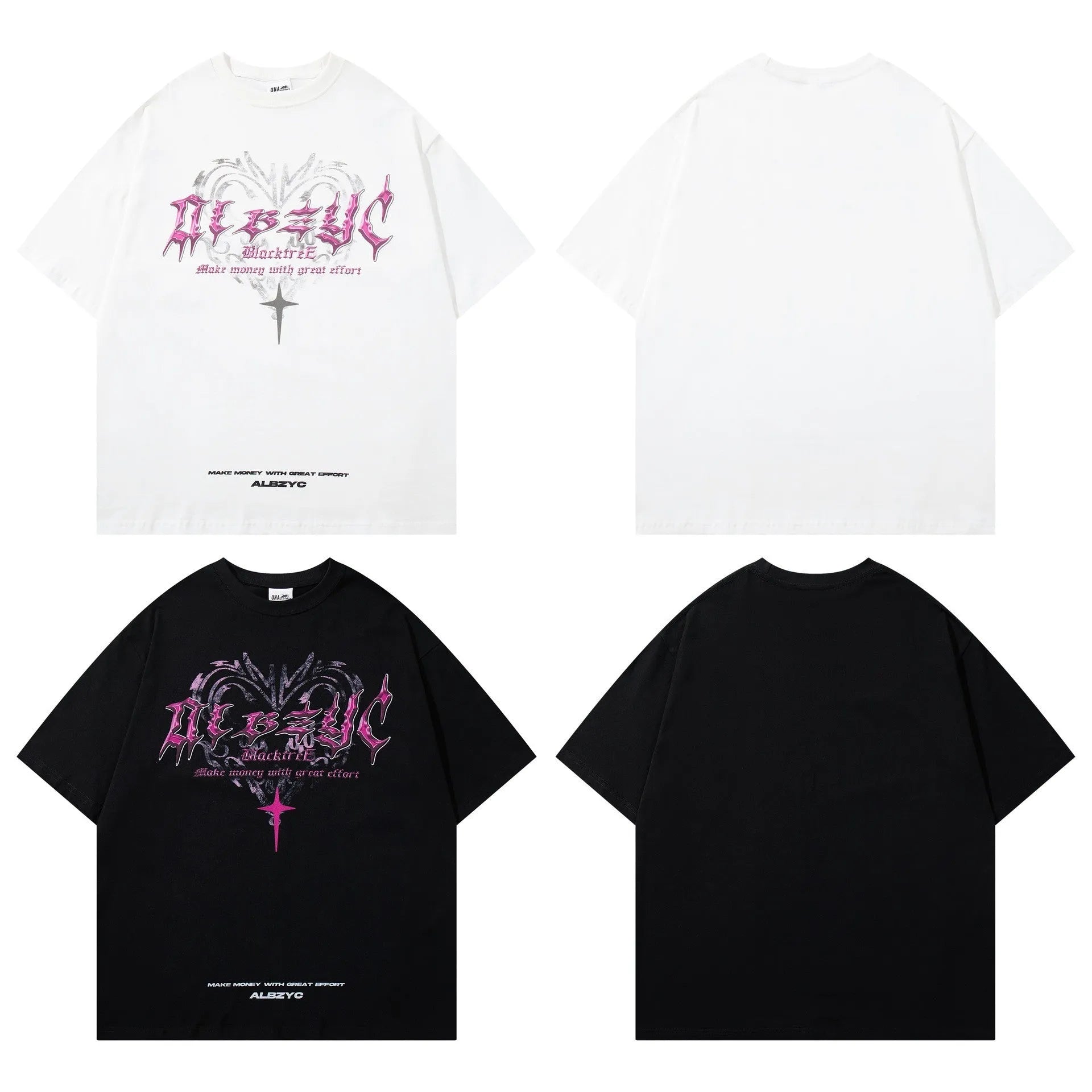 Men's black retro printed cotton t-shirt with round neck and short sleeves on hanger