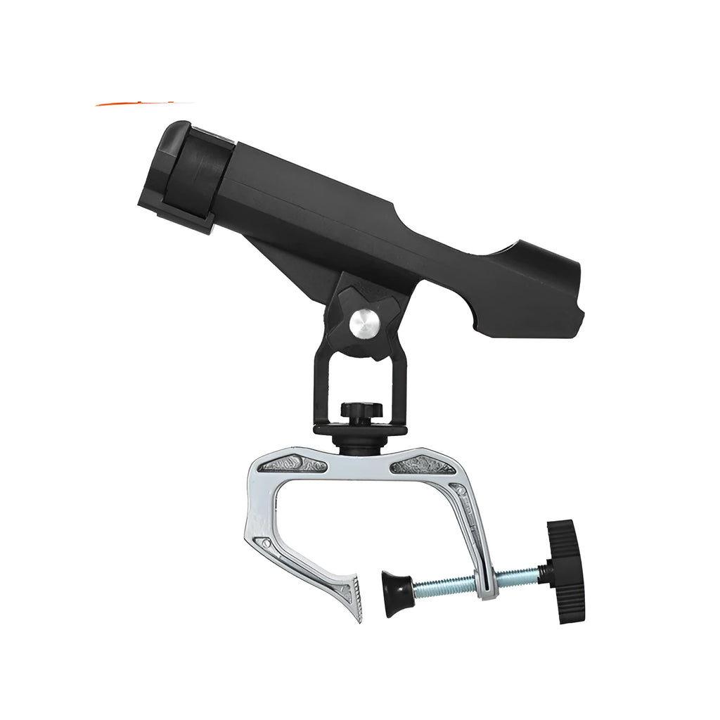 Black nylon plastic fishing rod holder with aluminium G clamp mount on boat rail, 360 degree adjustable, locking screw