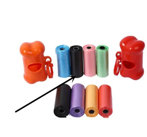 Pet waste bags in six colours showing black, blue, green, light blue, pink and red options