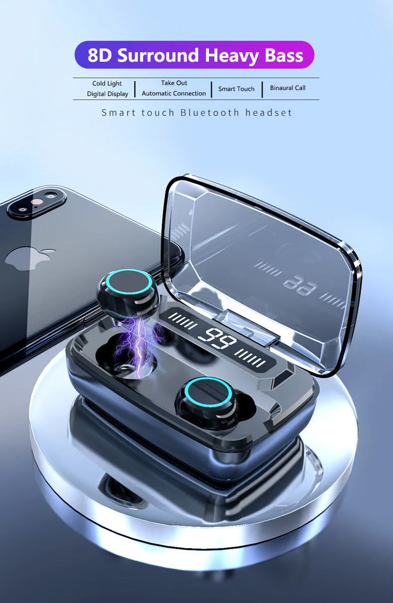 Black M11 style wireless Bluetooth headset with digital display, shown with its charging case that has a built-in mobile phone holder.