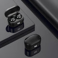 Black bilateral stereo Bluetooth earplug headset with a 10-metre wireless range