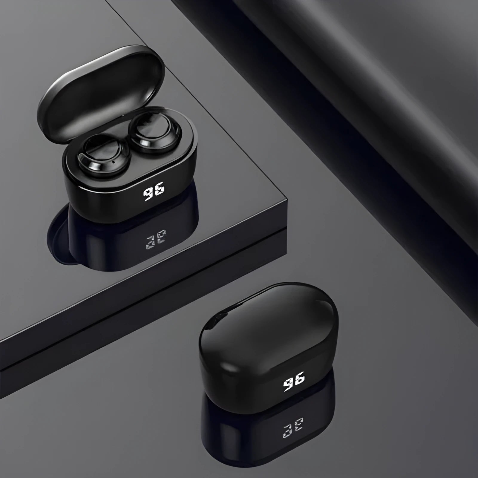 Black bilateral stereo Bluetooth earplug headset with a 10-metre wireless range