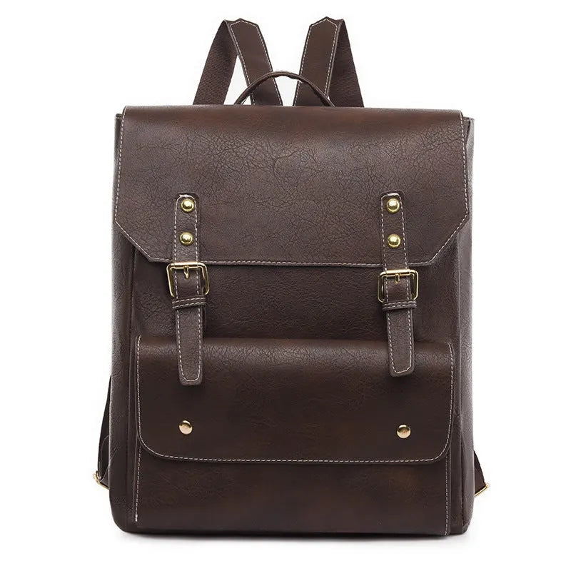 Korean style simple retro backpack in soft PU material shown in black, brown, creamy white, and dark brown colours.