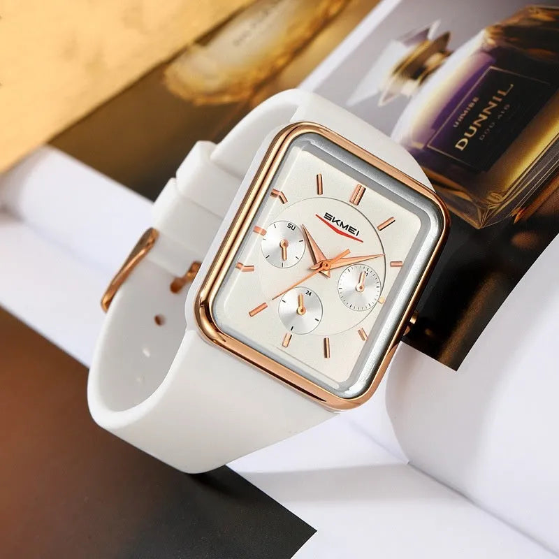 Slim square silicone waterproof watch for girls in white rose gold colour, showing 10.8mm thickness profile