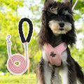 Polyester dog vest and matching hand holding rope in a choice of blue, green, pink, or yellow.