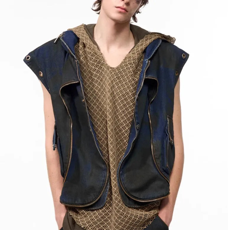 Blue Korean style hooded denim vest coat with matching trousers, front zip closure.