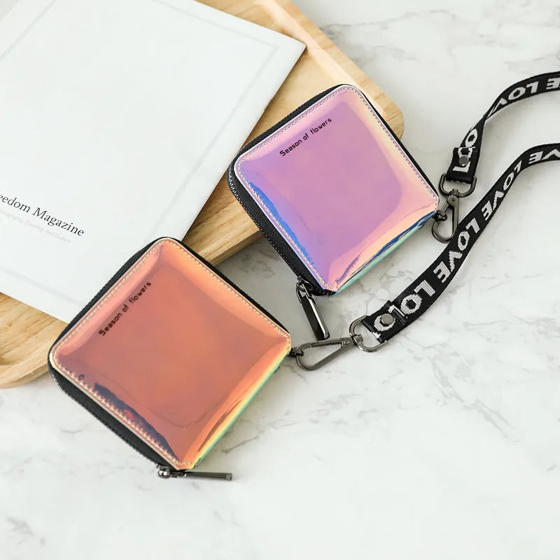 Short square folding wallet in glitter, blue, or green PU leather, showing 11cm size.