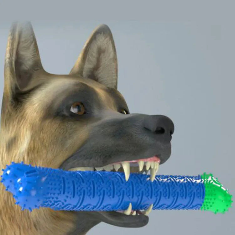 Blue green dog dental chew toy with serrated brush head design for tooth cleaning, 25cm length