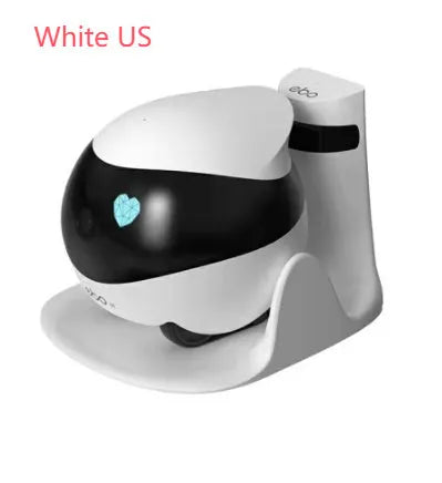 White mobile surveillance robot camera with wheels next to its automatic charging docking station