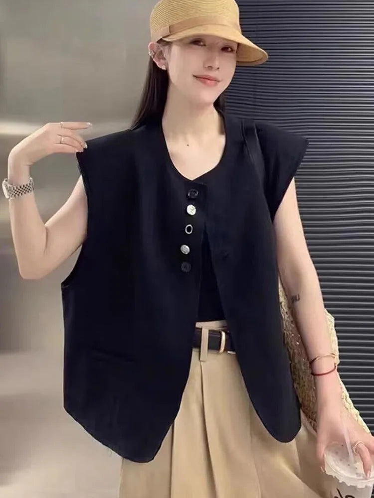 Women's loose-fit polyester vest in milky white with a pocket, shown on a hanger.