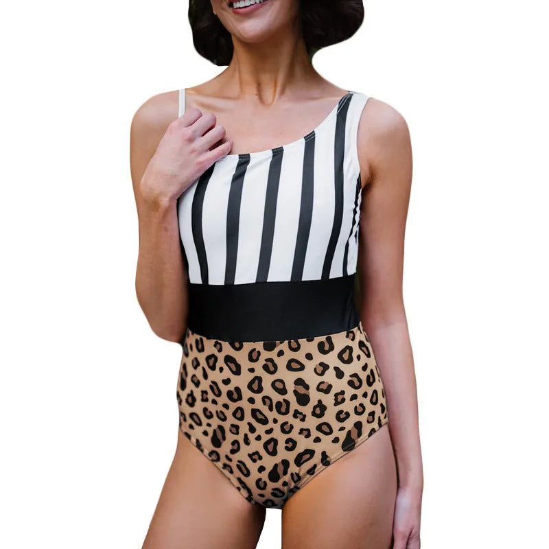 Leopard print women's one-piece swimsuit with asymmetric collar and high waist triangle brief style