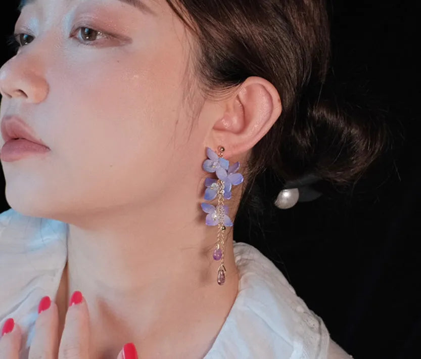 Handmade cold blue purple flower long tassel water drop earrings with gold-plated inlaid stone