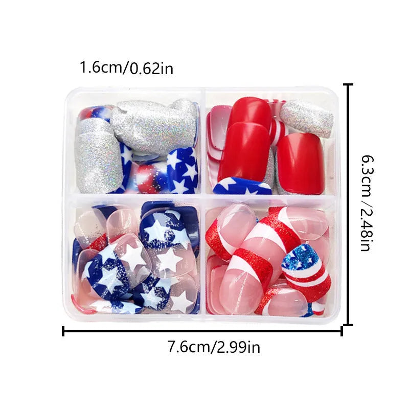 Independence Day nail art sticker set with US flag, stars, and stripes on a European square nail shape.
