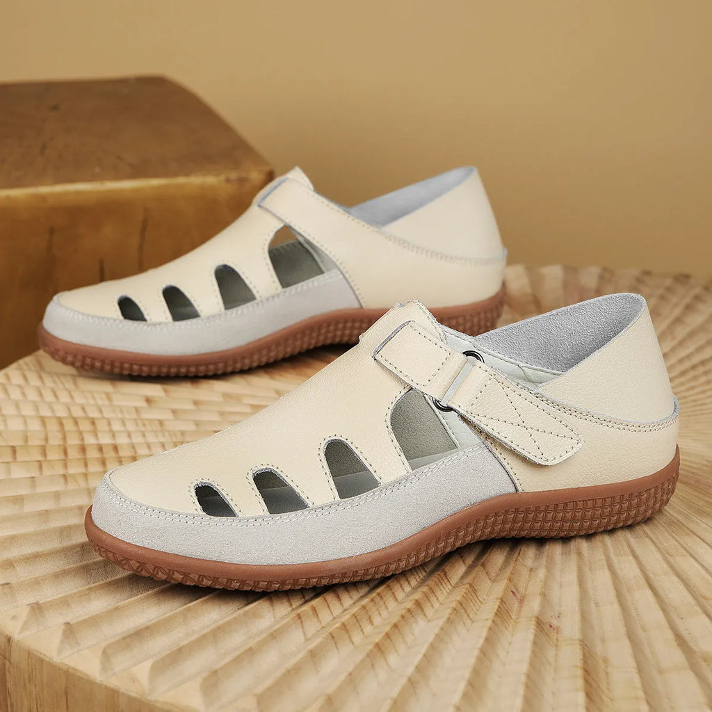 Plus size women's flat heel sandals with hollow toe cap design in blue colour