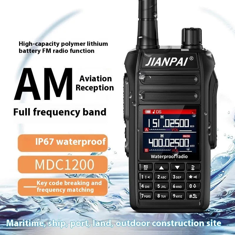 Black aviation radio headset with full band capability, waterproof and dustproof construction