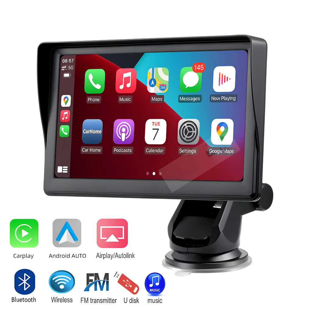 7 inch portable car smart screen with wireless CarPlay on retractable bracket for universal vehicle installation