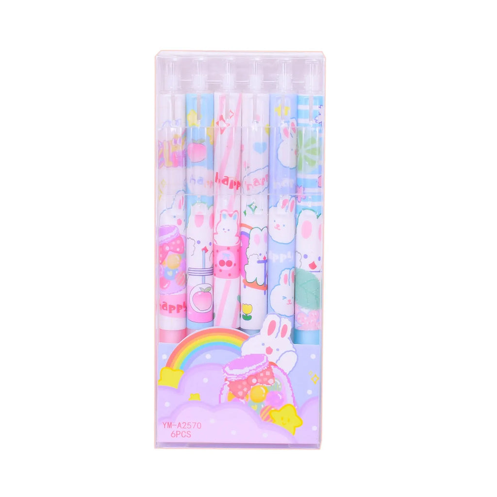Six cartoon bunny design ballpoint pens with 0.5mm points and black ink