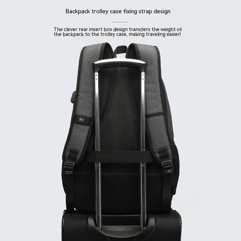 Grey nylon backpack with USB charging port showing dimensions 32x15x46cm