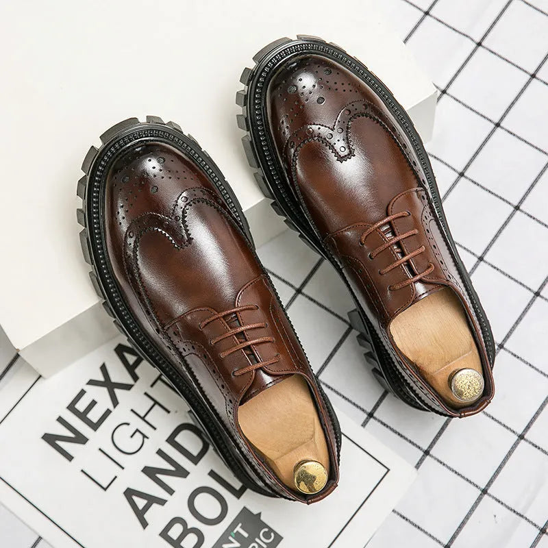Men's black and brown brogue Oxford shoes with round toe and decorative detailing for business formal wear