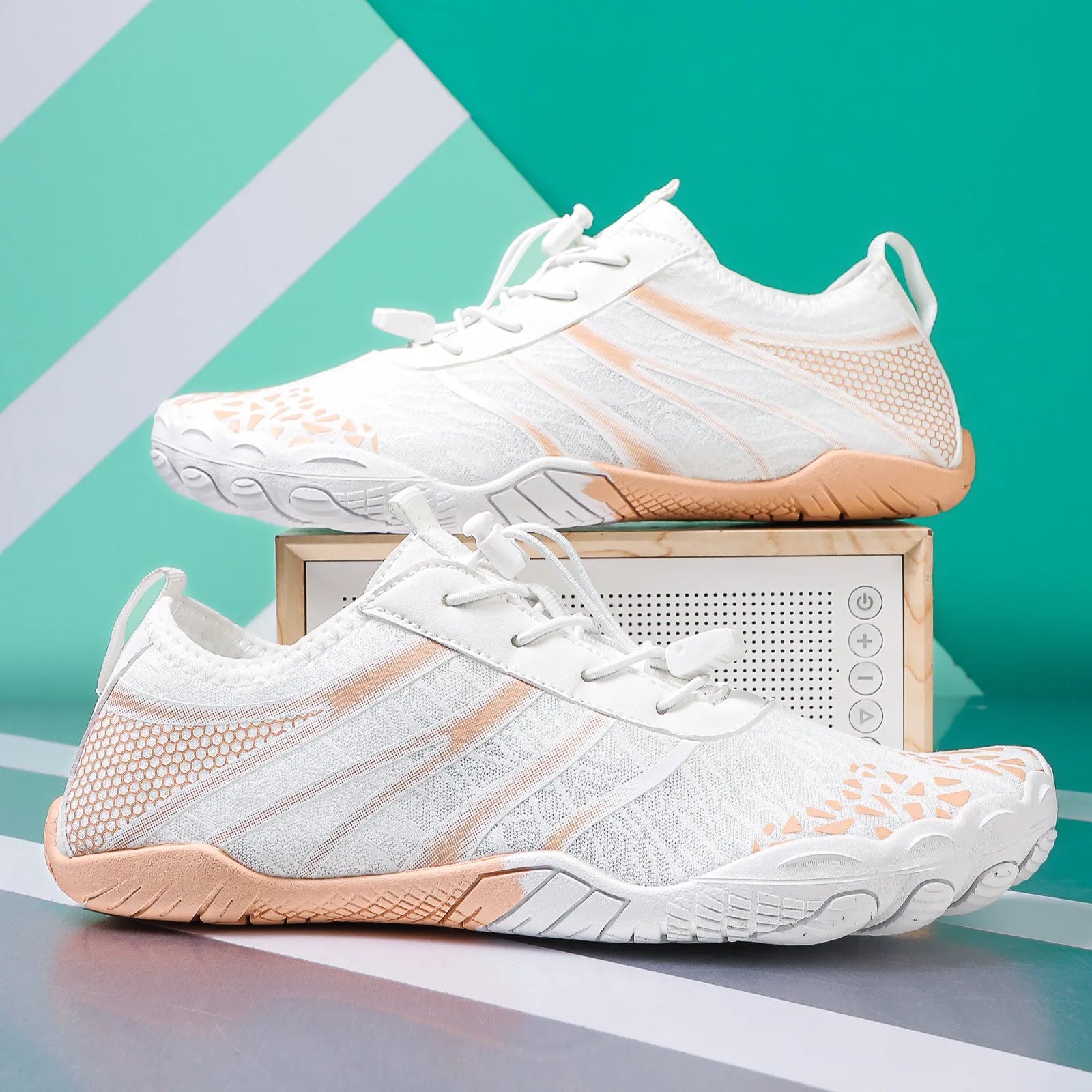 Unisex casual beach running shoes with Lycra stretch fabric uppers in beige colour.