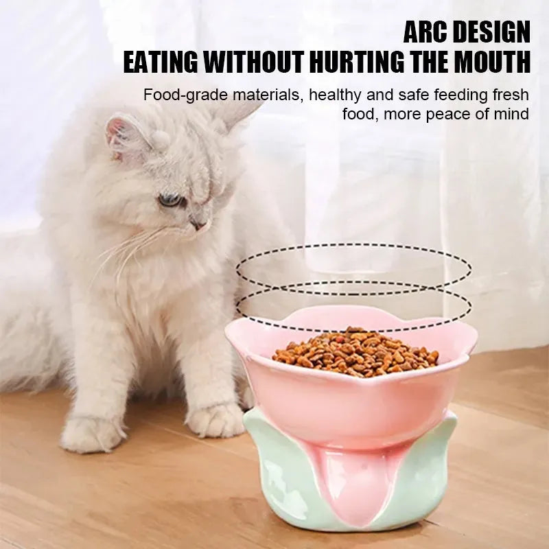 Blue floral patterned raised ceramic pet bowl for cats and dogs on a non-slip base.