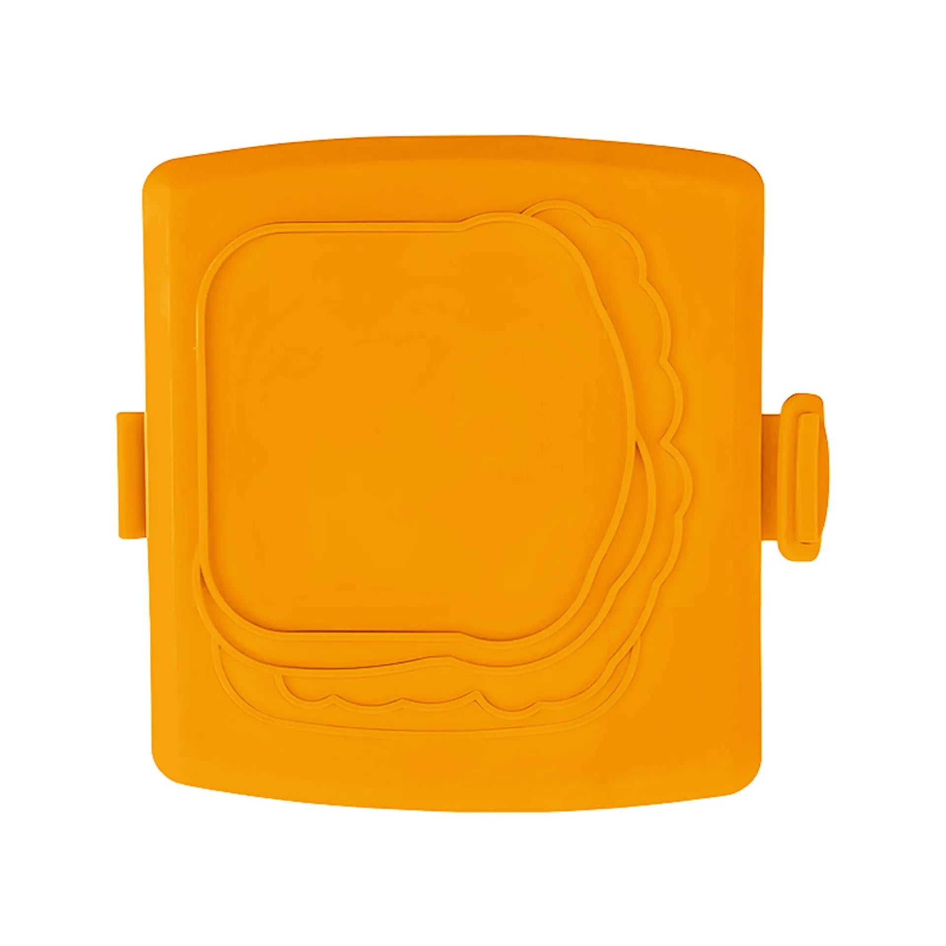 Red silicone baking tray with heat-resistant gloves on kitchen counter