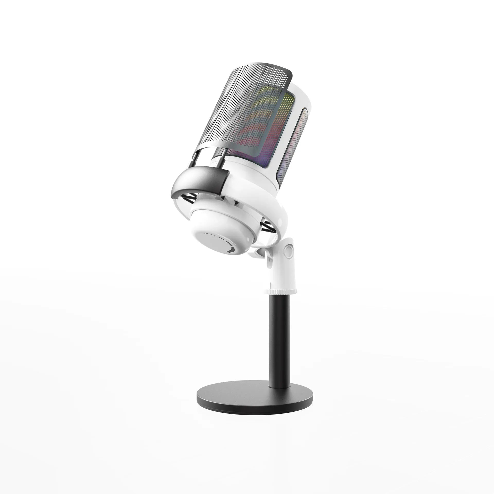 Condenser microphone with RGB lighting in black, white, or pink colours for computer recording and streaming