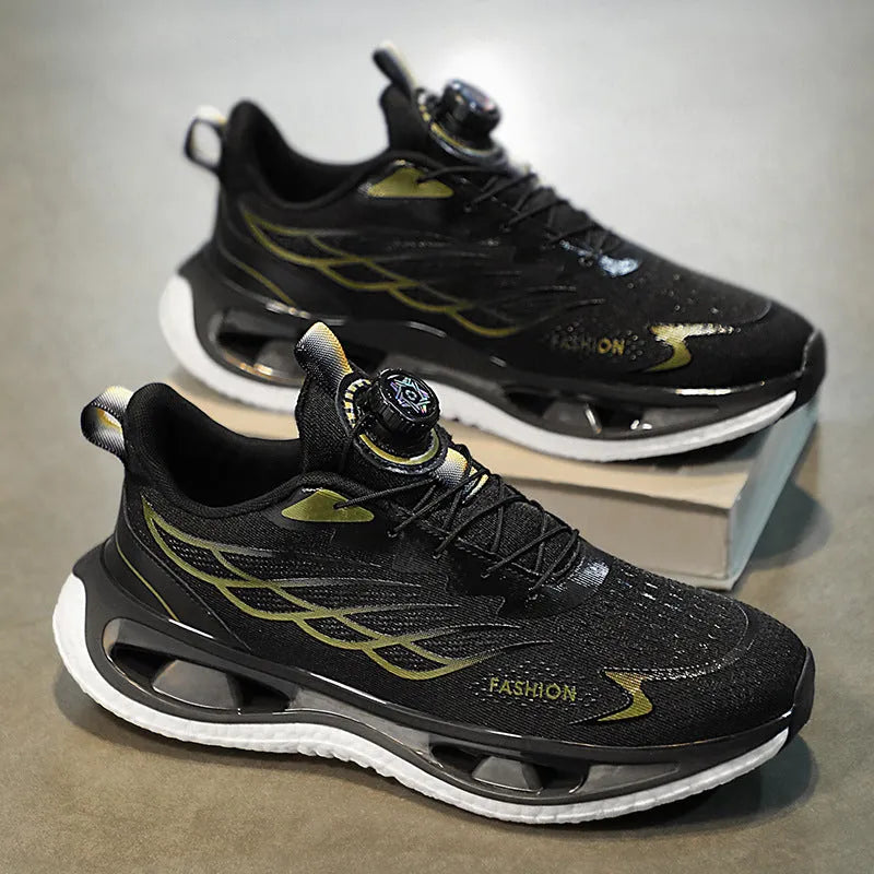 Men's low-top sneakers with a rotating button fastening, shown in light blue mesh and black leather options.