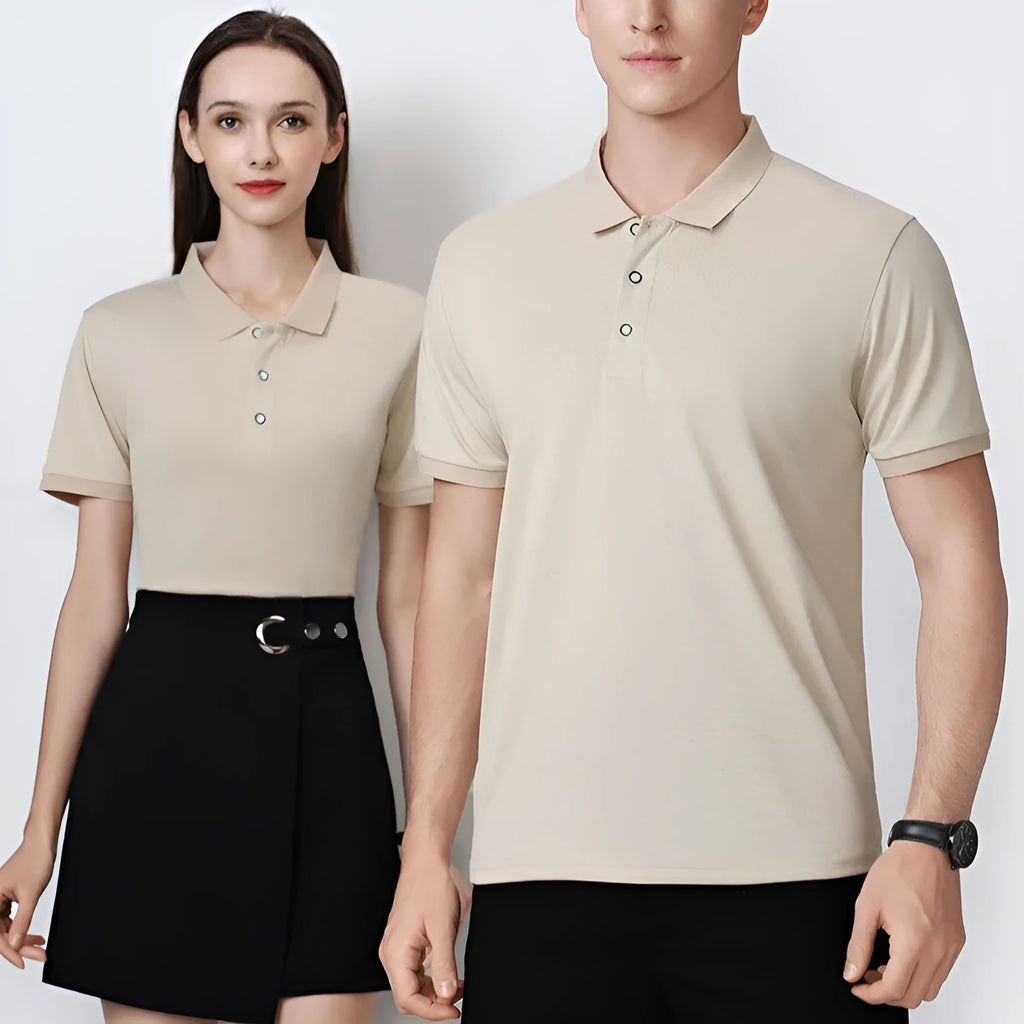 Men's short sleeve ice silk polo shirt with an advertising logo print on the chest.