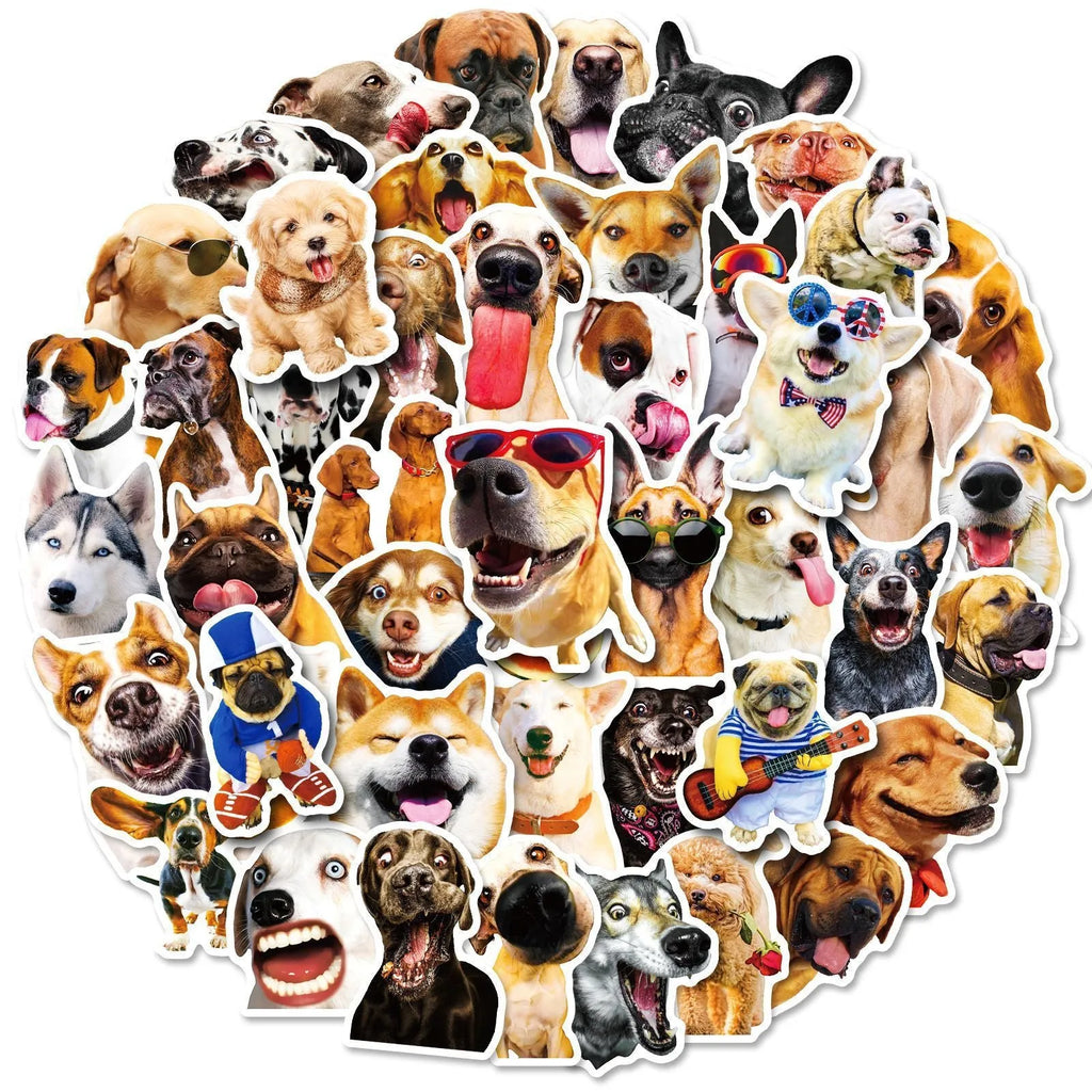 Nordic style realistic dog facial expression stickers pack showing three colour-coded sets with canine designs