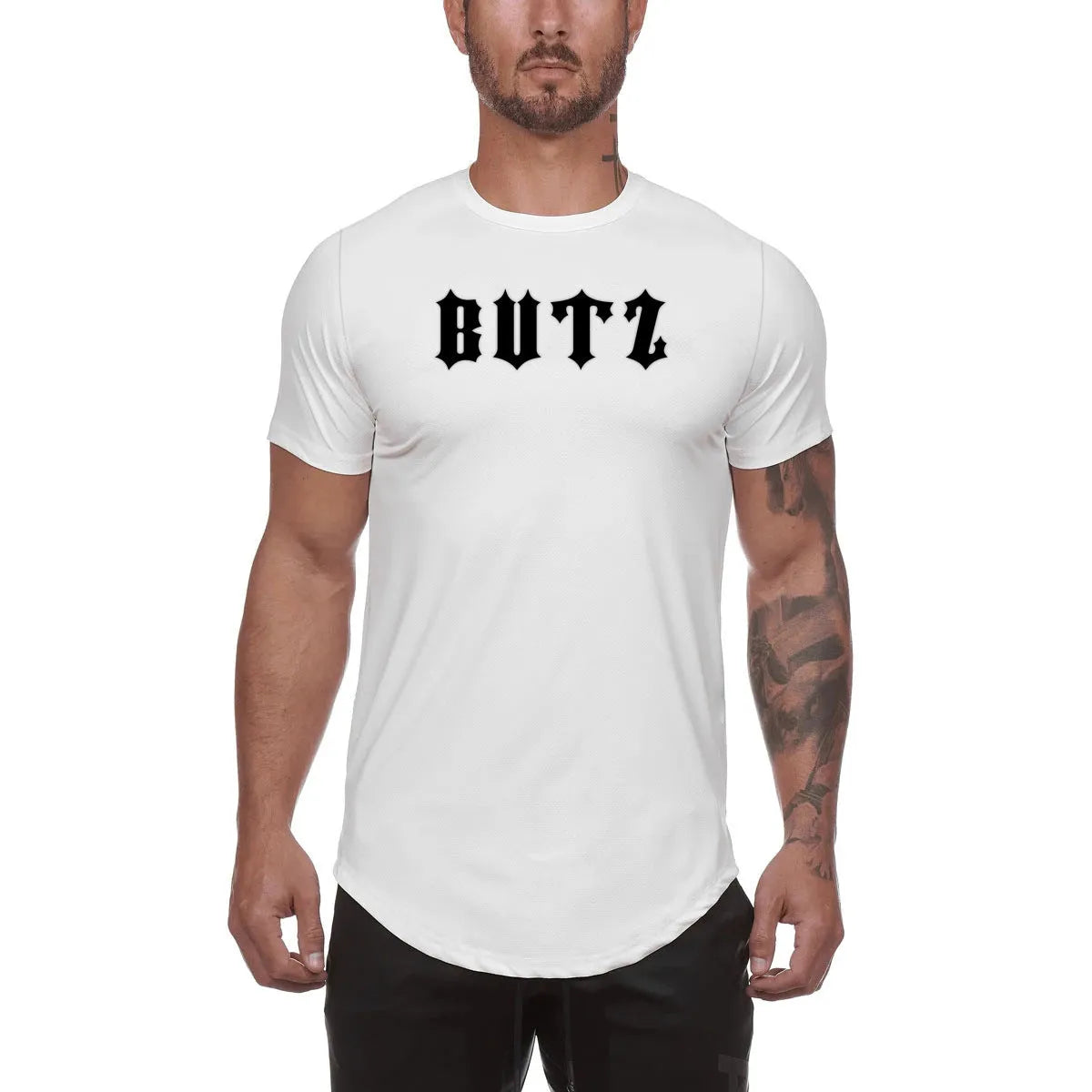 Men's plain gym shirt in cotton-spandex blend available in army green, black, and white colours with size options