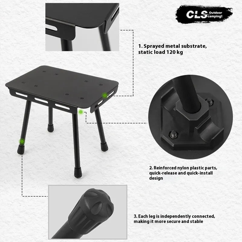 CLS aluminium folding camping stool shown in beige, extended as a table and folded with its storage bag.
