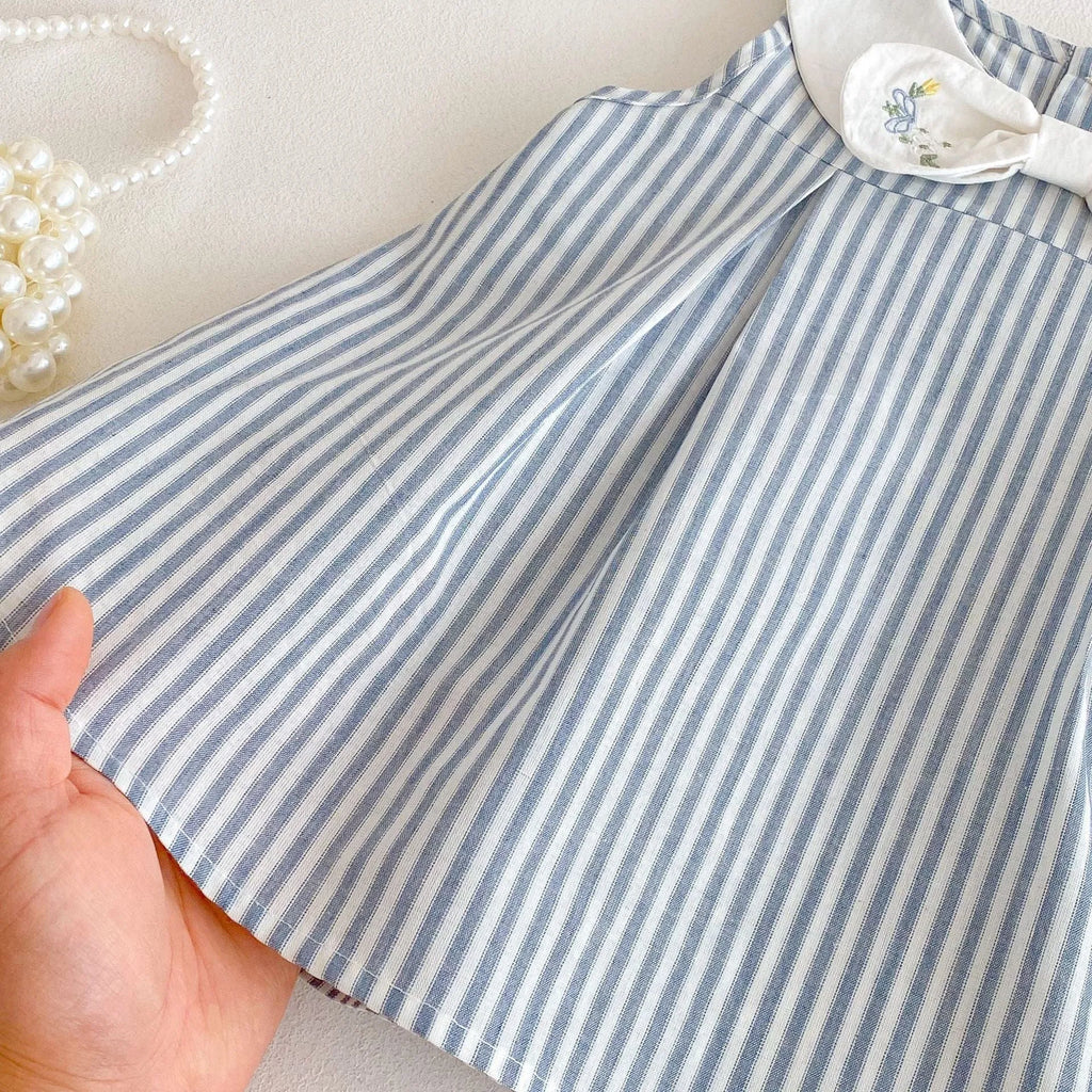 Soft fog blue cotton vest dress with bowknot embroidery for baby girls aged 73-120cm