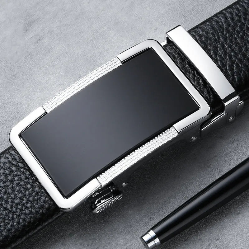 Men's leather belt with automatic buckle in gun black, silver, and gold colours