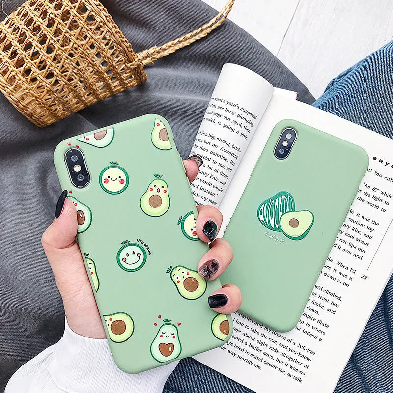 Green avocado cartoon design on a flexible black TPU phone back cover case.