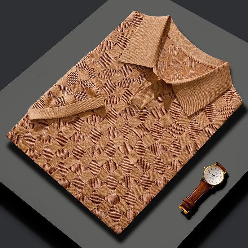 Men's mulberry silk short sleeve sweater with lapels in solid colour for business casual wear