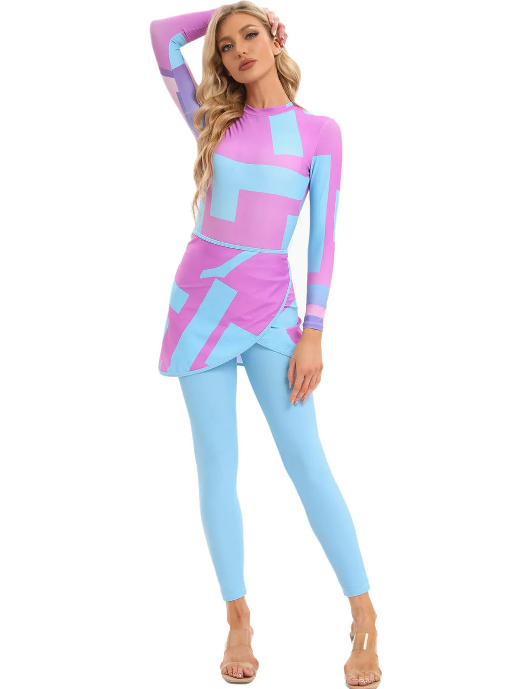 Conservative swimsuit three-piece set with apron in fresh pattern design
