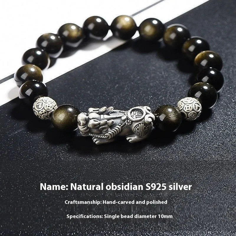 S999 silver natural obsidian bracelet for men, 12mm beads, polished geometric shape