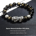 S999 silver natural obsidian bracelet for men, 12mm beads, polished geometric shape