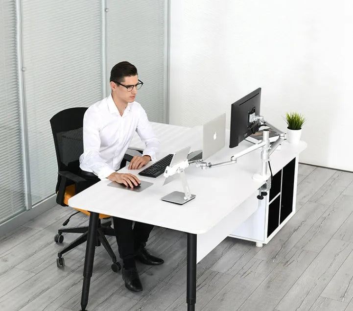 Silver folding aluminium desktop phone and tablet stand with 360° rotating base