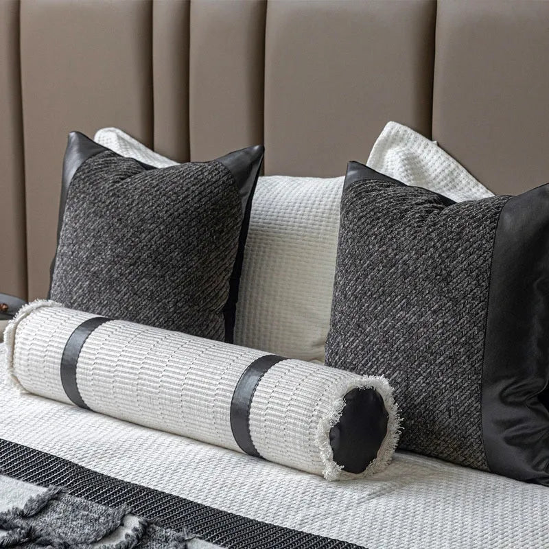 Modern minimalist bed runner nap blanket set with grey and white plaid pattern on bed