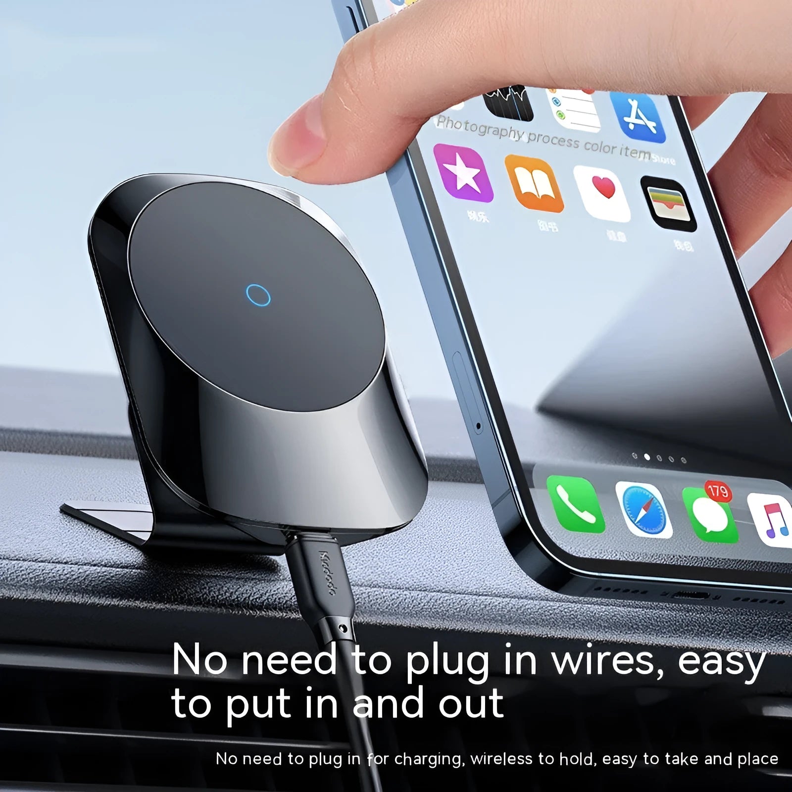 Black magnetic car wireless charging stand mounted on vehicle air vent with phone attached