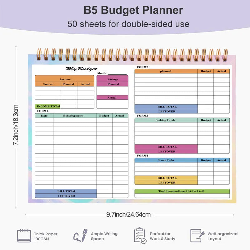 B5 size spiral-bound budget tally book with a blue PP cover, open to show lined pages for income and expense tracking.